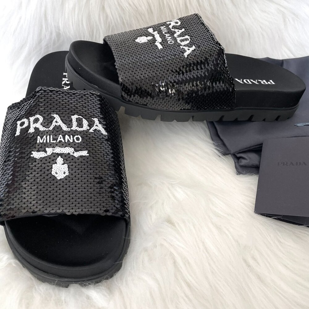 Prada Black Sequin White Logo Slide Sandal - Picture 4 of 12